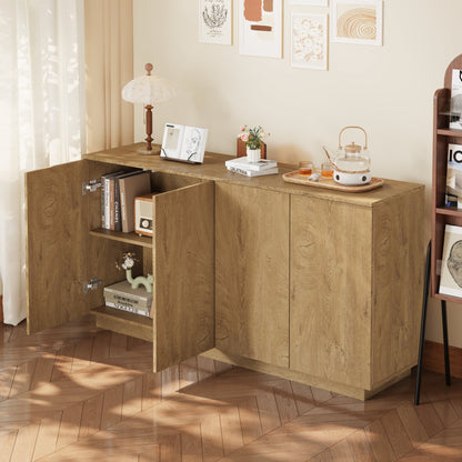 Wood Sideboard Buffet Cabinet, Natural  4-Door Storage Credenza with Adjustable Shelves, 59.1" Wide Large Side Board Cabinet, Particle Board Console Cabinet for Dining Room Kitchen Living Room Entrywa