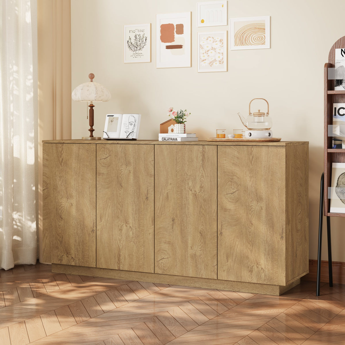 Wood Sideboard Buffet Cabinet, Natural  4-Door Storage Credenza with Adjustable Shelves, 59.1" Wide Large Side Board Cabinet, Particle Board Console Cabinet for Dining Room Kitchen Living Room Entrywa