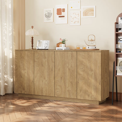 Wood Sideboard Buffet Cabinet, Natural  4-Door Storage Credenza with Adjustable Shelves, 59.1" Wide Large Side Board Cabinet, Particle Board Console Cabinet for Dining Room Kitchen Living Room Entrywa