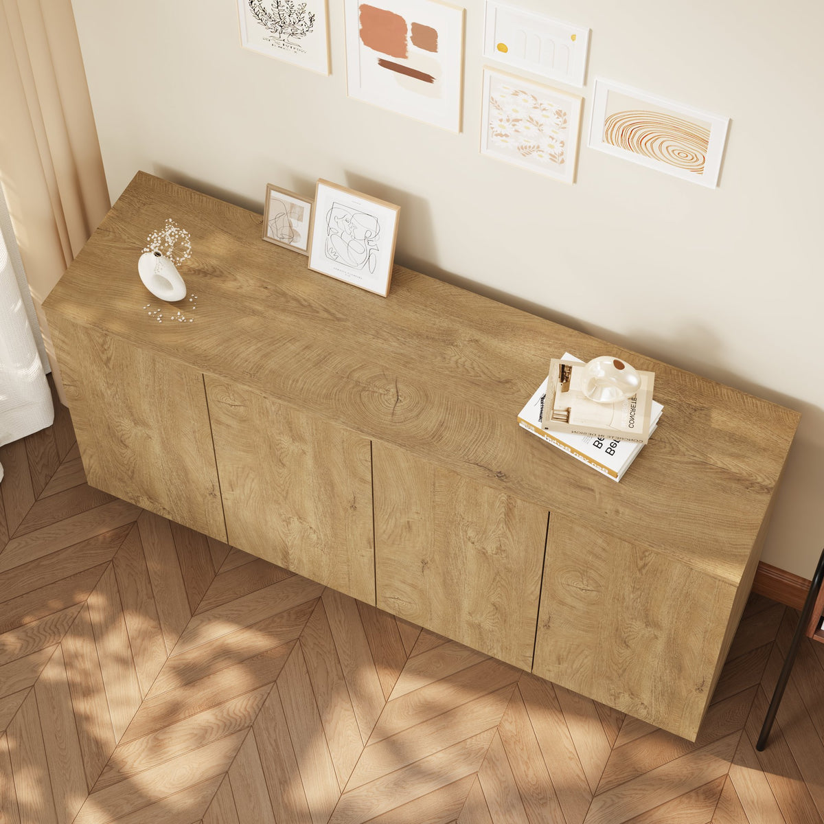 Wood Sideboard Buffet Cabinet, Natural  4-Door Storage Credenza with Adjustable Shelves, 59.1" Wide Large Side Board Cabinet, Particle Board Console Cabinet for Dining Room Kitchen Living Room Entrywa