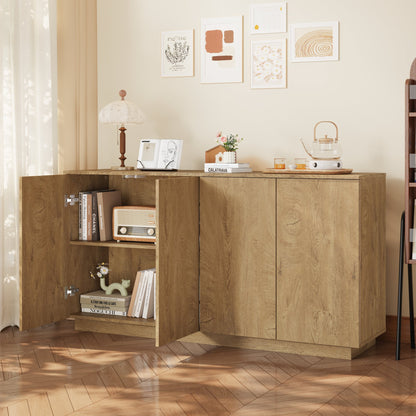 Wood Sideboard Buffet Cabinet, Natural  4-Door Storage Credenza with Adjustable Shelves, 59.1" Wide Large Side Board Cabinet, Particle Board Console Cabinet for Dining Room Kitchen Living Room Entrywa