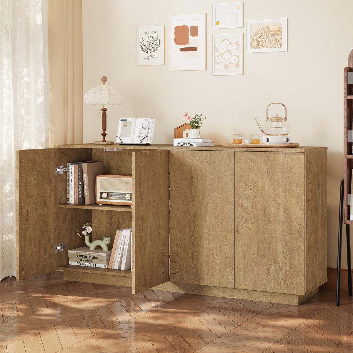 Wood Sideboard Buffet Cabinet, Natural  4-Door Storage Credenza with Adjustable Shelves, 59.1" Wide Large Side Board Cabinet, Particle Board Console Cabinet for Dining Room Kitchen Living Room Entrywa