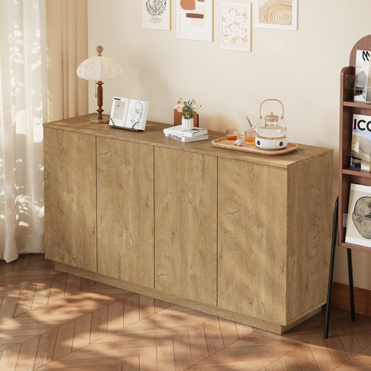 Wood Sideboard Buffet Cabinet, Natural  4-Door Storage Credenza with Adjustable Shelves, 59.1" Wide Large Side Board Cabinet, Particle Board Console Cabinet for Dining Room Kitchen Living Room Entrywa
