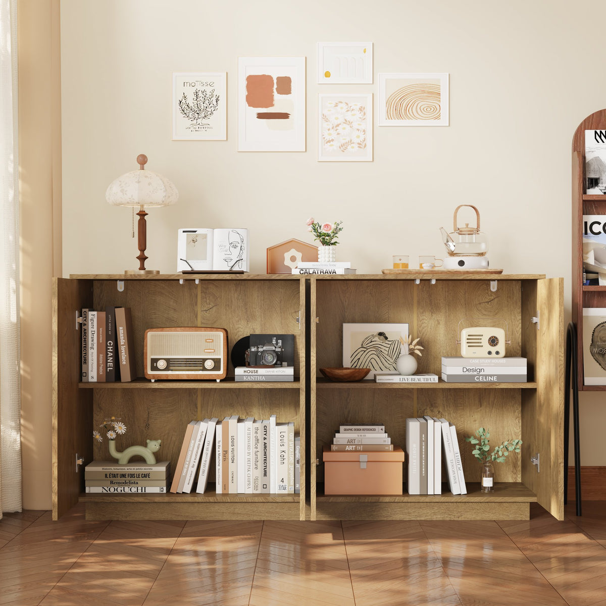 Wood Sideboard Buffet Cabinet, Natural  4-Door Storage Credenza with Adjustable Shelves, 59.1" Wide Large Side Board Cabinet, Particle Board Console Cabinet for Dining Room Kitchen Living Room Entrywa