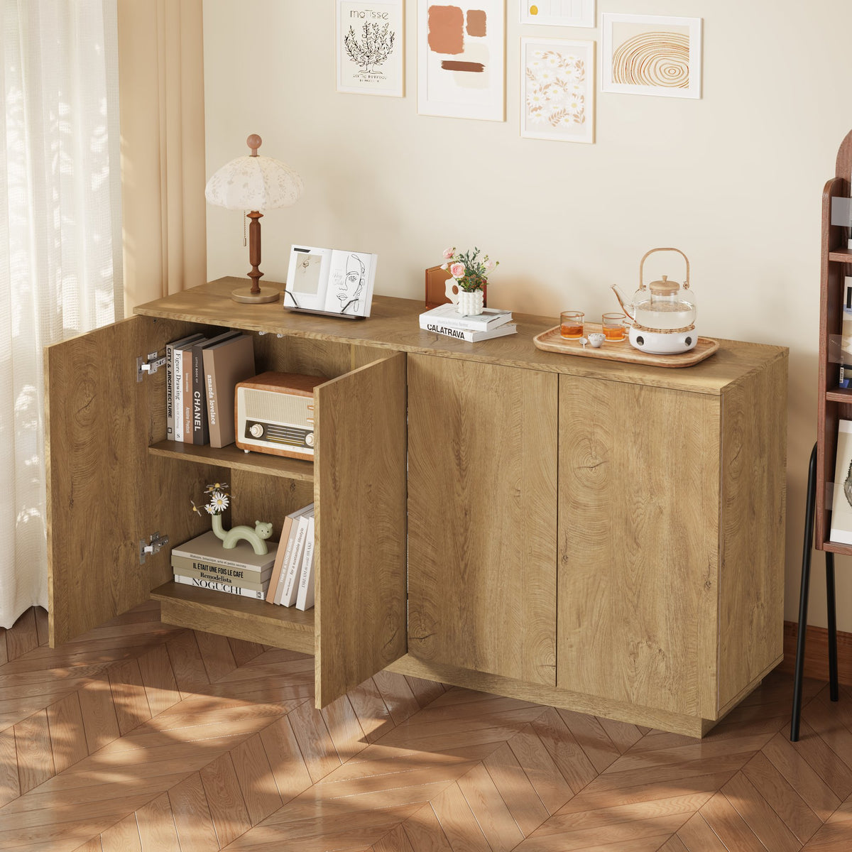 Wood Sideboard Buffet Cabinet, Natural  4-Door Storage Credenza with Adjustable Shelves, 59.1" Wide Large Side Board Cabinet, Particle Board Console Cabinet for Dining Room Kitchen Living Room Entrywa