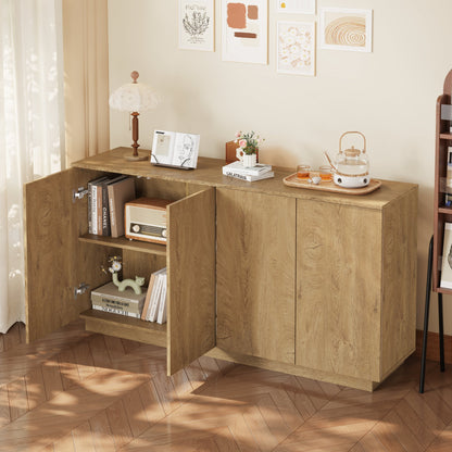 Wood Sideboard Buffet Cabinet, Natural  4-Door Storage Credenza with Adjustable Shelves, 59.1" Wide Large Side Board Cabinet, Particle Board Console Cabinet for Dining Room Kitchen Living Room Entrywa