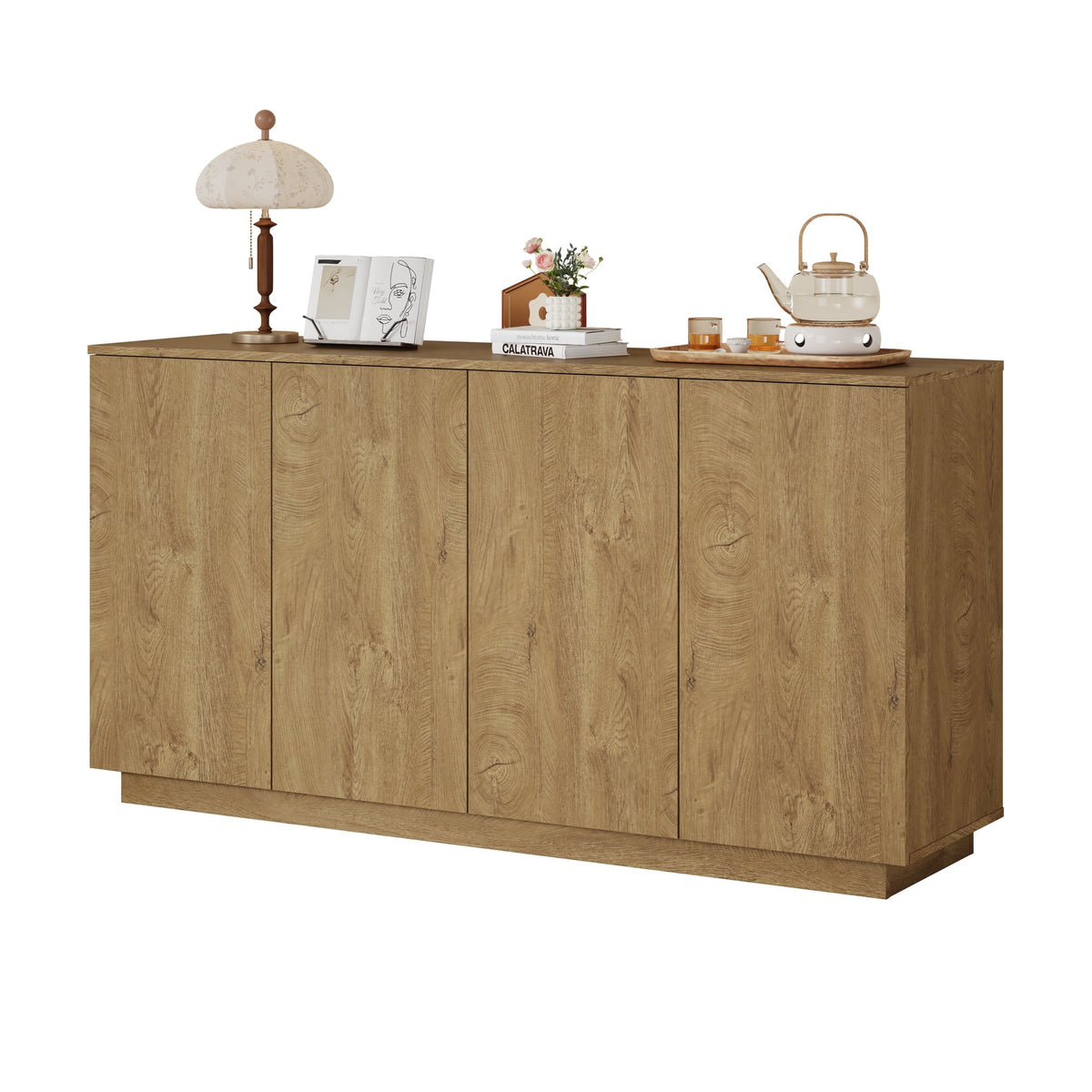Wood Sideboard Buffet Cabinet, Natural  4-Door Storage Credenza with Adjustable Shelves, 59.1" Wide Large Side Board Cabinet, Particle Board Console Cabinet for Dining Room Kitchen Living Room Entrywa