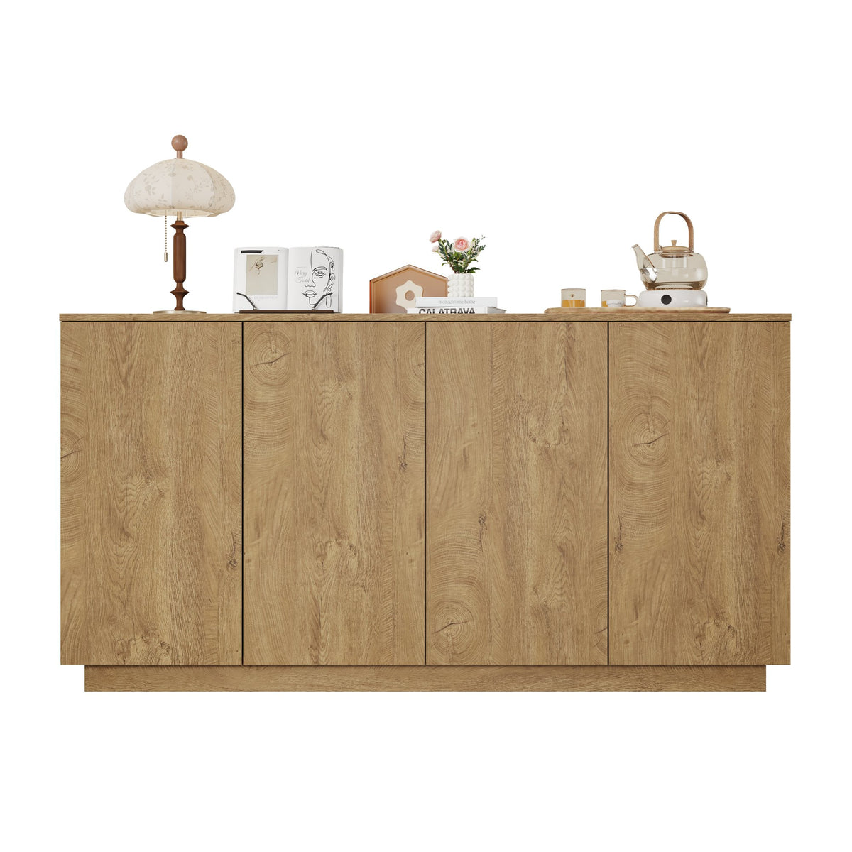 Wood Sideboard Buffet Cabinet, Natural  4-Door Storage Credenza with Adjustable Shelves, 59.1" Wide Large Side Board Cabinet, Particle Board Console Cabinet for Dining Room Kitchen Living Room Entrywa