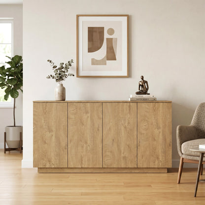 Wood Sideboard Buffet Cabinet, Natural  4-Door Storage Credenza with Adjustable Shelves, 59.1" Wide Large Side Board Cabinet, Particle Board Console Cabinet for Dining Room Kitchen Living Room Entrywa