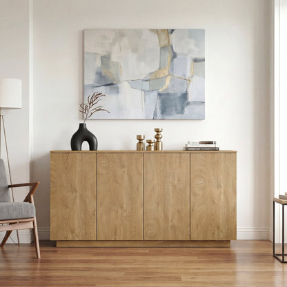 Wood Sideboard Buffet Cabinet, Natural  4-Door Storage Credenza with Adjustable Shelves, 59.1" Wide Large Side Board Cabinet, Particle Board Console Cabinet for Dining Room Kitchen Living Room Entrywa
