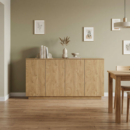 Wood Sideboard Buffet Cabinet, Natural  4-Door Storage Credenza with Adjustable Shelves, 59.1" Wide Large Side Board Cabinet, Particle Board Console Cabinet for Dining Room Kitchen Living Room Entrywa