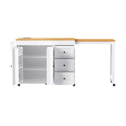 K&K 74.8" Kitchen Island with Extendable Dining Table, Kitchen Storage Cart with 3 Drawers, Power Outlet