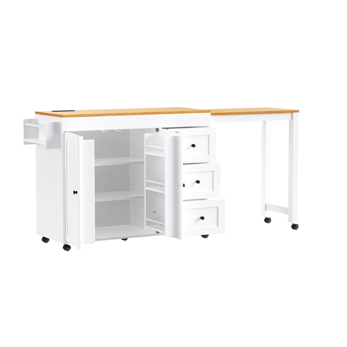 K&K 74.8" Kitchen Island with Extendable Dining Table, Kitchen Storage Cart with 3 Drawers, Power Outlet