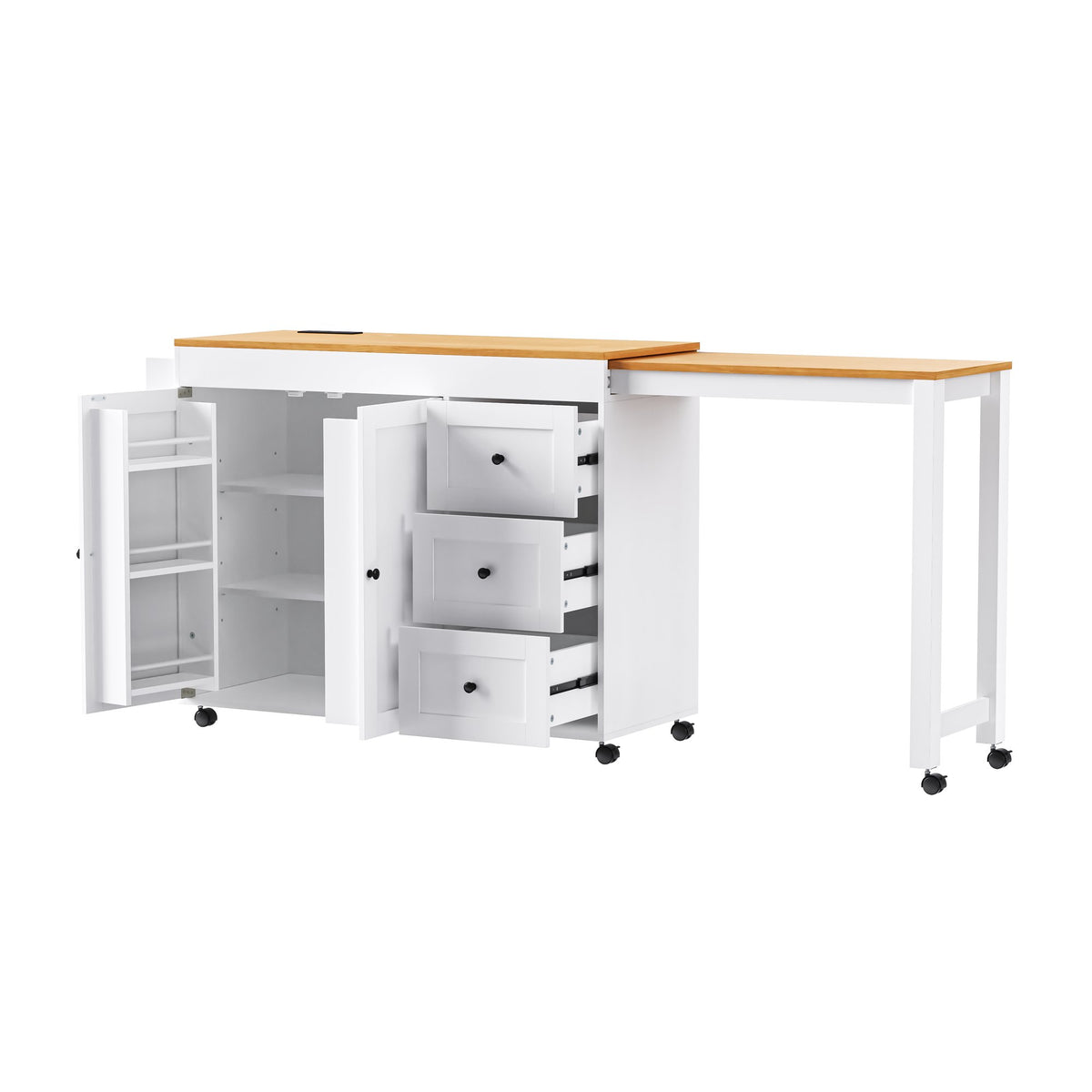 K&K 74.8" Kitchen Island with Extendable Dining Table, Kitchen Storage Cart with 3 Drawers, Power Outlet