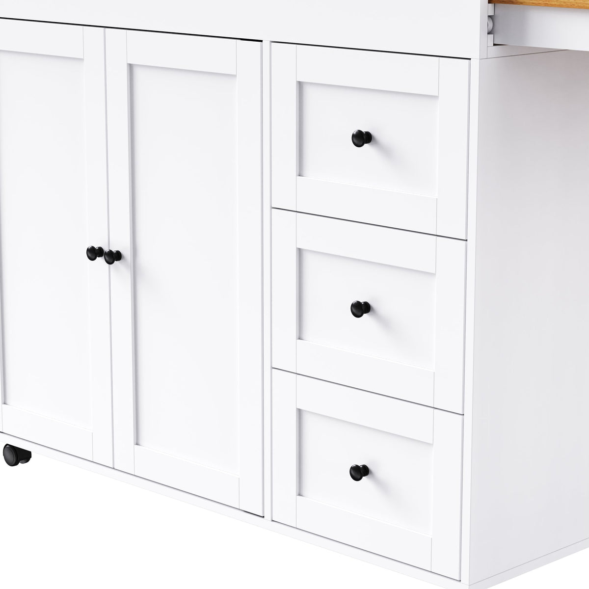 K&K 74.8" Kitchen Island with Extendable Dining Table, Kitchen Storage Cart with 3 Drawers, Power Outlet
