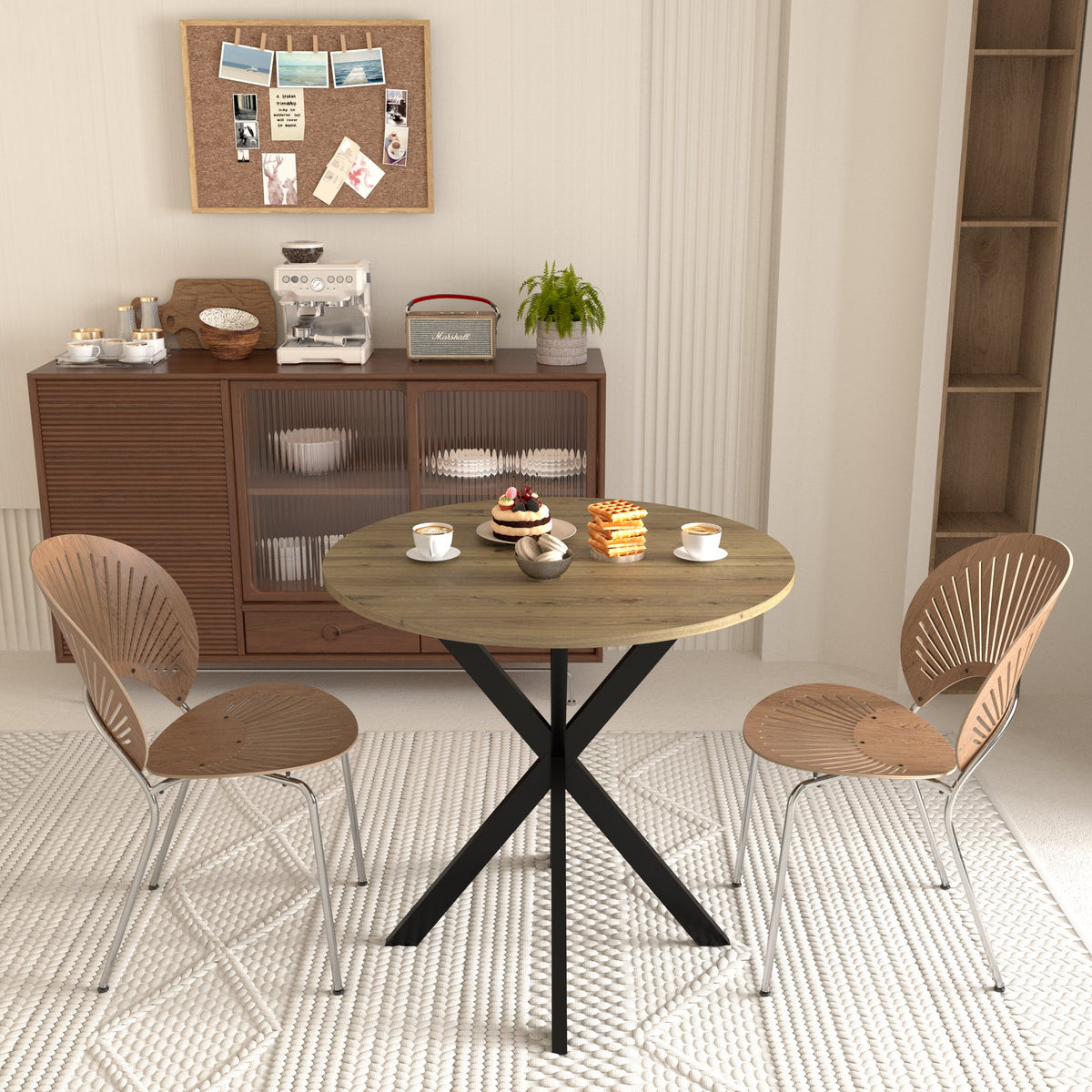 31.5 Inch Round Dining Table, Small Circle Kitchen Table with Metal Black Legs for 2-4 people, Modern Dining Room Table, Brown (only table) – 0.7Inch