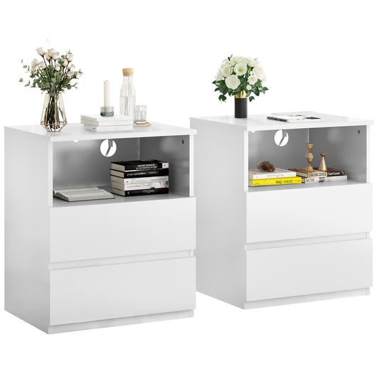 End Table with Fast USB C Charging Station, Sofa Side Table with 2 Drawers, Large Storage Modern Wood Storage Cabinet, White
