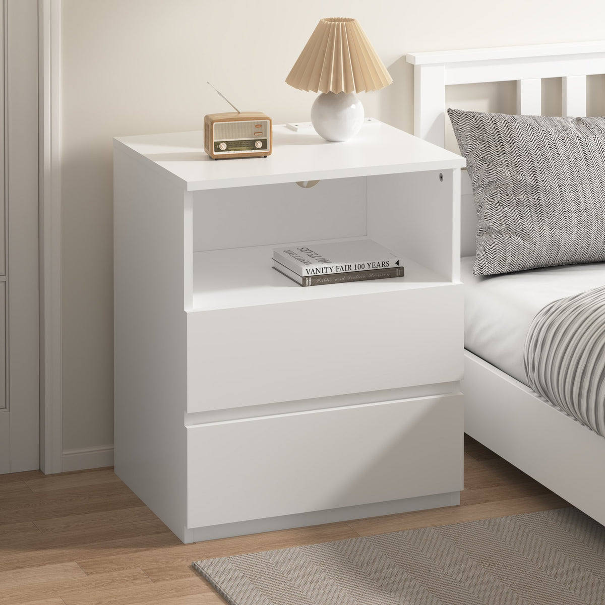 End Table with Fast USB C Charging Station, Sofa Side Table with 2 Drawers, Large Storage Modern Wood Storage Cabinet, White