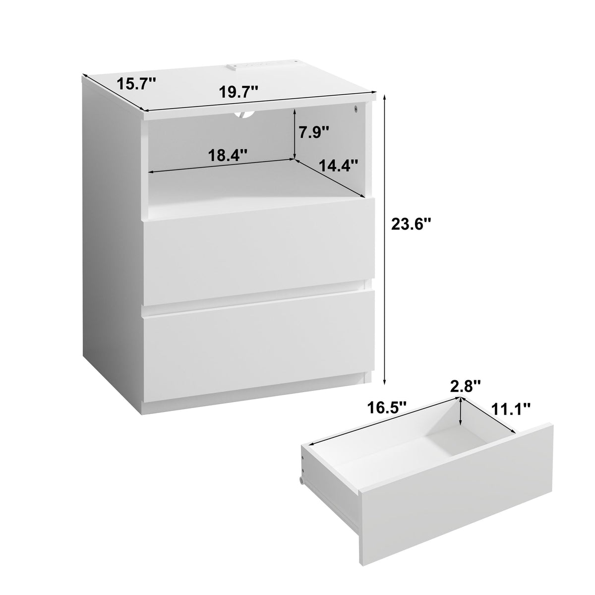 End Table with Fast USB C Charging Station, Sofa Side Table with 2 Drawers, Large Storage Modern Wood Storage Cabinet, White