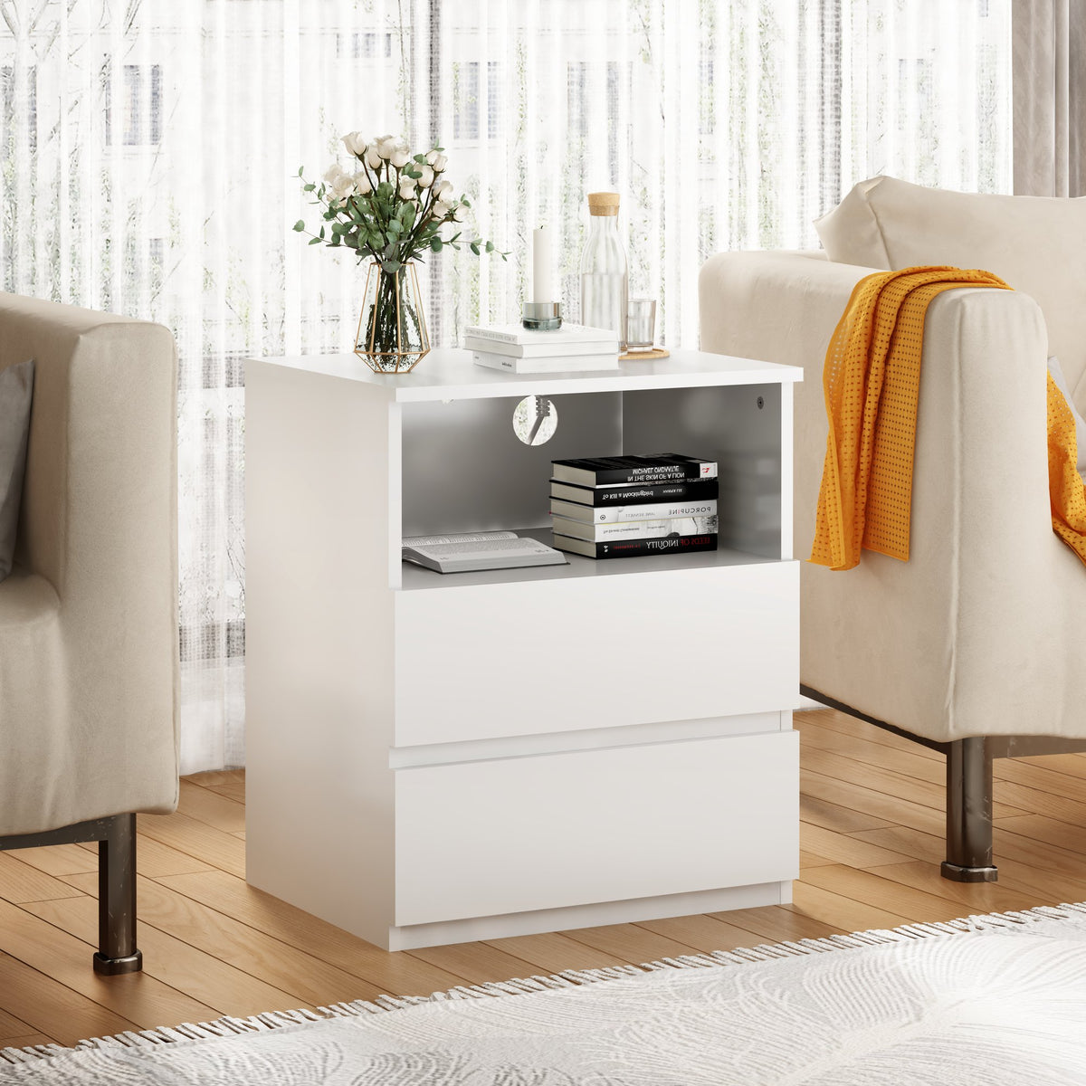 End Table with Fast USB C Charging Station, Sofa Side Table with 2 Drawers, Large Storage Modern Wood Storage Cabinet, White
