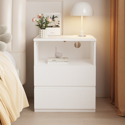 End Table with Fast USB C Charging Station, Sofa Side Table with 2 Drawers, Large Storage Modern Wood Storage Cabinet, White