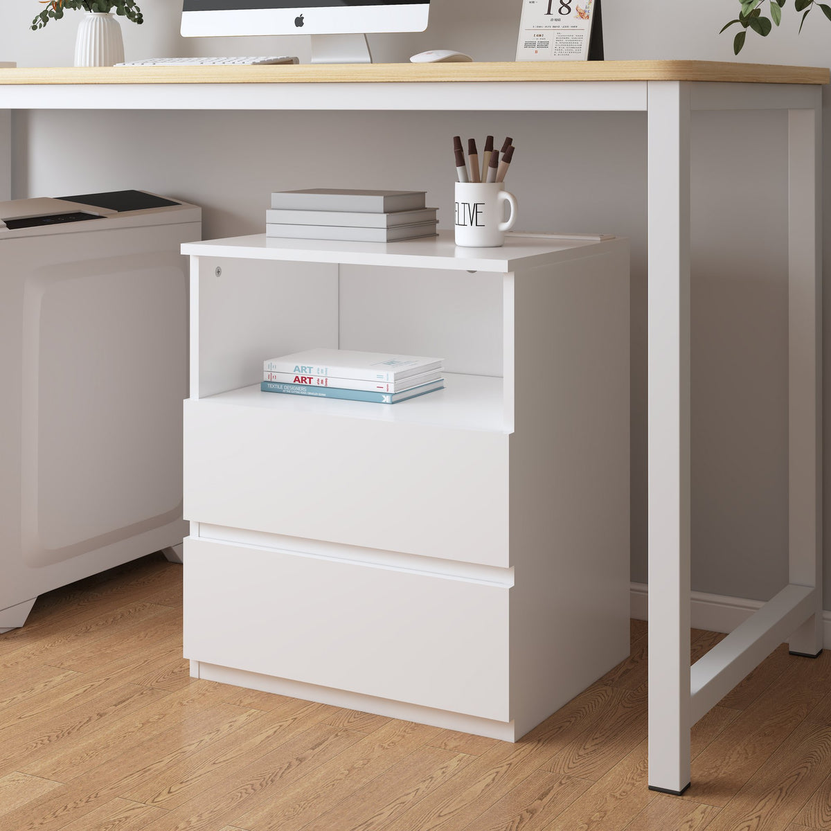 End Table with Fast USB C Charging Station, Sofa Side Table with 2 Drawers, Large Storage Modern Wood Storage Cabinet, White