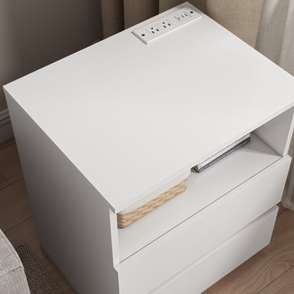 End Table with Fast USB C Charging Station, Sofa Side Table with 2 Drawers, Large Storage Modern Wood Storage Cabinet, White