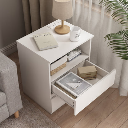 End Table with Fast USB C Charging Station, Sofa Side Table with 2 Drawers, Large Storage Modern Wood Storage Cabinet, White