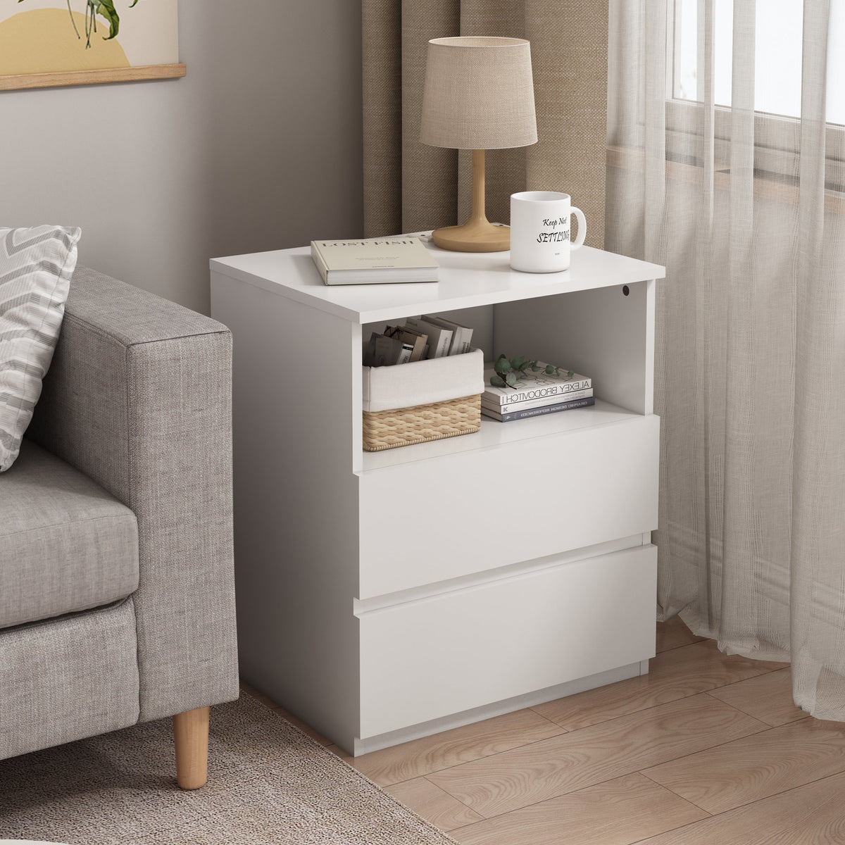 End Table with Fast USB C Charging Station, Sofa Side Table with 2 Drawers, Large Storage Modern Wood Storage Cabinet, White