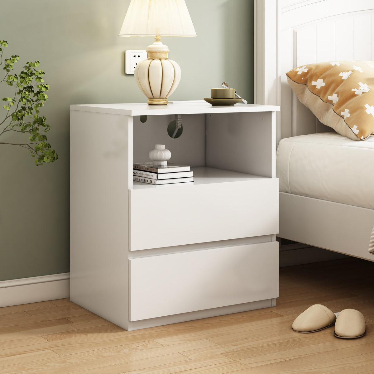End Table with Fast USB C Charging Station, Sofa Side Table with 2 Drawers, Large Storage Modern Wood Storage Cabinet, White