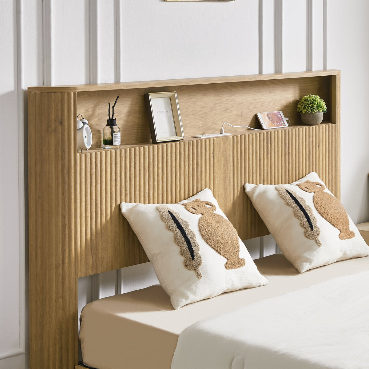 Full Extra Long(Full XL) Size bed frame with storage headboard, built-in charging station, wavy curved lines design, silent operation