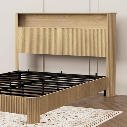 Full Extra Long(Full XL) Size bed frame with storage headboard, built-in charging station, wavy curved lines design, silent operation