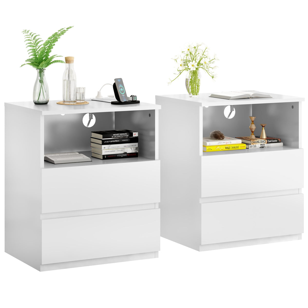 End Table with Fast USB C Charging Station, Sofa Side Table with 2 Drawers, Large Storage Modern Wood Storage Cabinet, White
