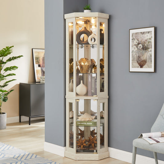 Corner Glass Cabinet Lighted Curio Cabinet Corner Display Case, Antique collection, Wine, Bar Glass Storage Light Included, Antique White