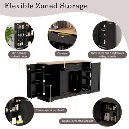 TREXM Multi-Functional Storage Sideboard, Extendable Dining Table, Adjustable Shelves, 3-Tier Pull-Out Rack, Kitchen Island Storage - Black