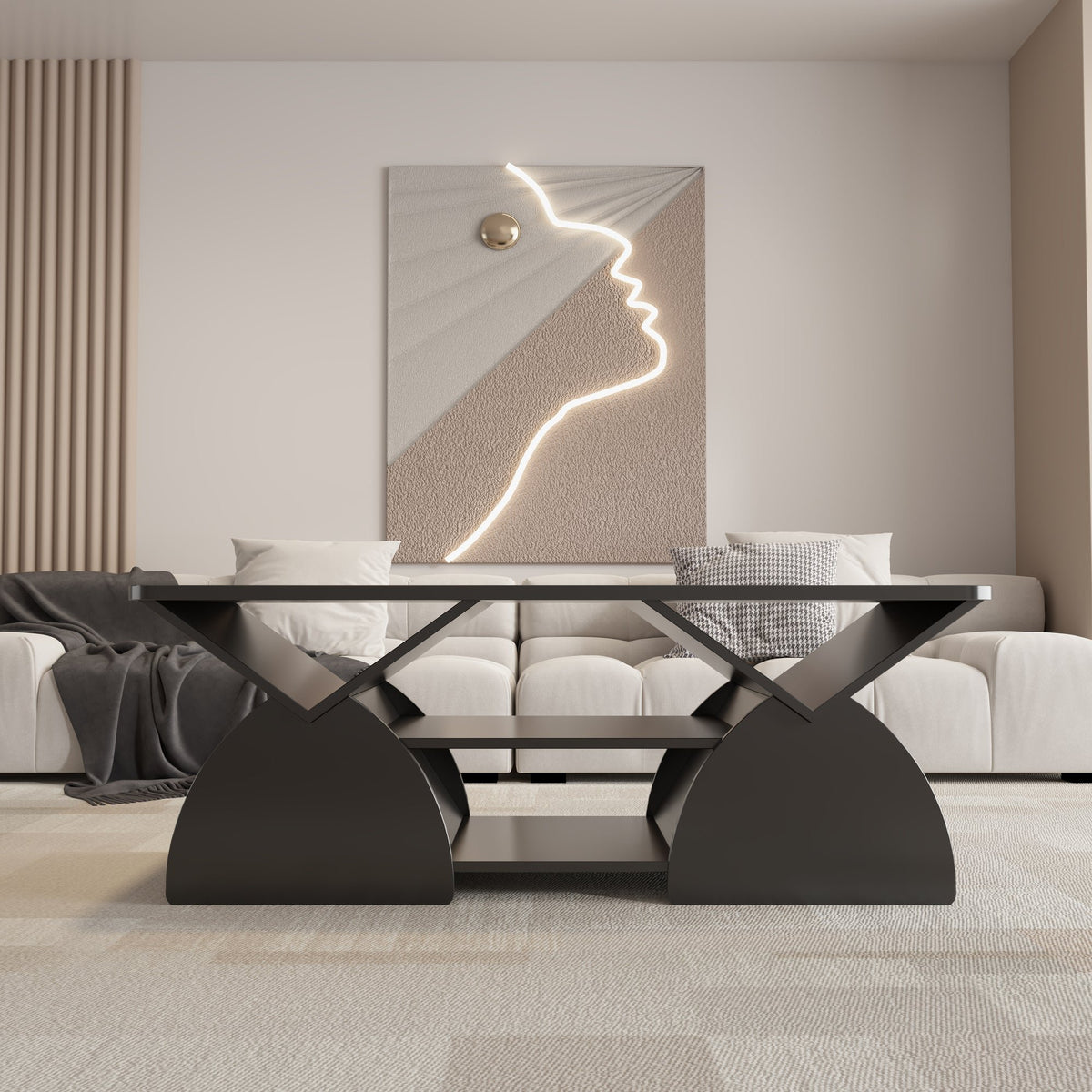 Modern Geometric Engineered Wood Coffee Table with Rounded Corners, Black, 47.24" x 23.62"