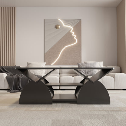 Modern Geometric Engineered Wood Coffee Table with Rounded Corners, Black, 47.24" x 23.62"