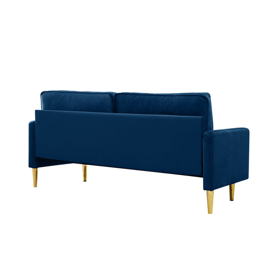 65-inch minimalist velvet sofa with metallic-coloured legs, complete with cushions, suitable for the living room or bedroom.