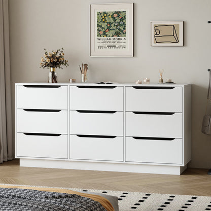 9 Drawer Dresser for Bedroom with Deep Drawers, Large Floor Wood Dressers & Chest of Drawers , Modern White Long Dressers for Closet Living Room
