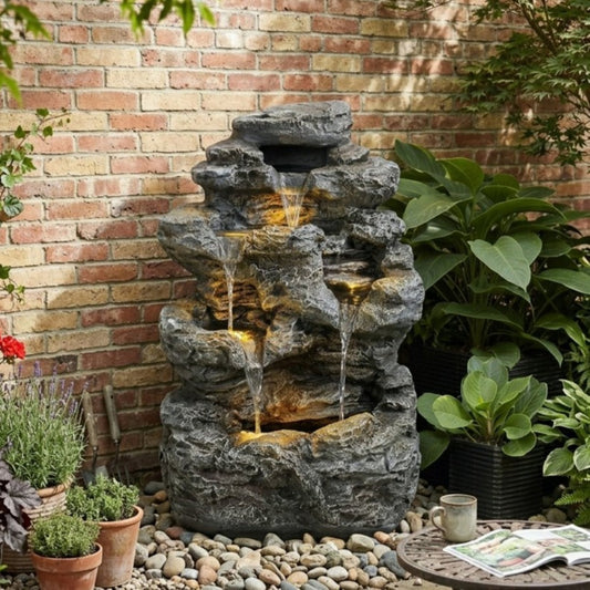 5-Tiered Concrete Tall Slim Fountain, 23.85"H –LED-Lit Column, Space-Saving Modern Outdoor Accent, All-Weather Resistant