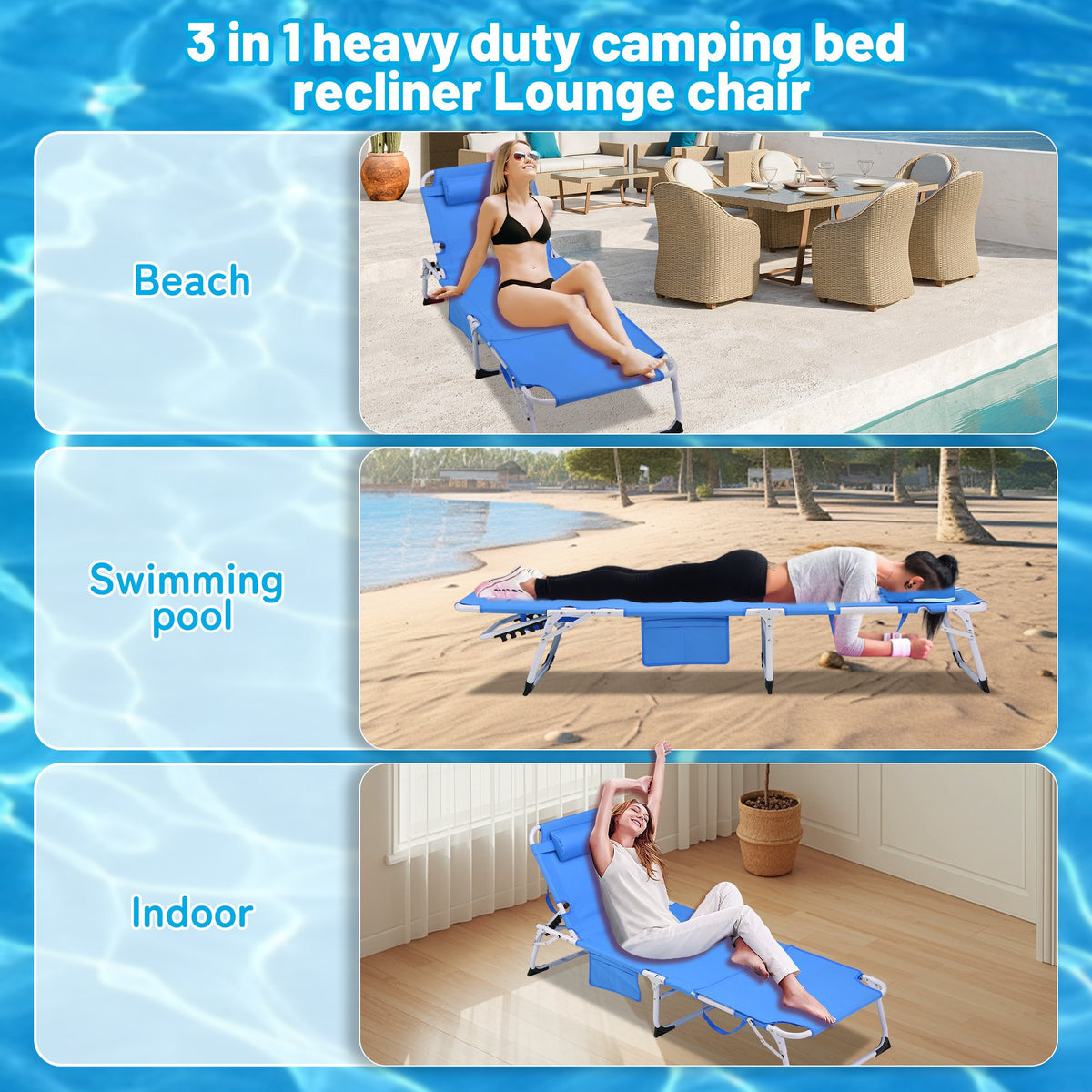 3-in-1 Heavy Duty Tanning Chair with Face Hole Adjustable 5-Position Folding Chaise Lounge Chairs for Outside Portable Lay Flat Beach Lounge Chair for Outdoor Sunbathing Patio Pool Lawn Camping Deck P