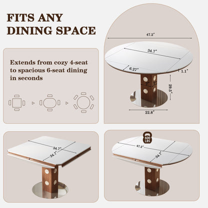 47.2' Extendable Multifunctional Round Dining Table for 4-6, Folding Kitchen Table with Drop Leaf, White Sintered Stone Top & Walnut Wood Column, Space-Saving for Small Apartments, Easy Assembly