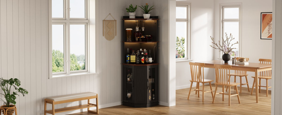 67.3" Corner Bar Cabinet with Power Outlet, Farmhouse Wine Bar Cabinet with Adjustable Shelves for Home,with Lights & Glass Rack for Dining Room, Living Room, Kitchen