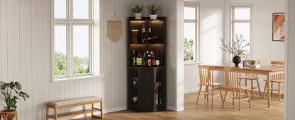 67.3" Corner Bar Cabinet with Power Outlet, Farmhouse Wine Bar Cabinet with Adjustable Shelves for Home,with Lights & Glass Rack for Dining Room, Living Room, Kitchen
