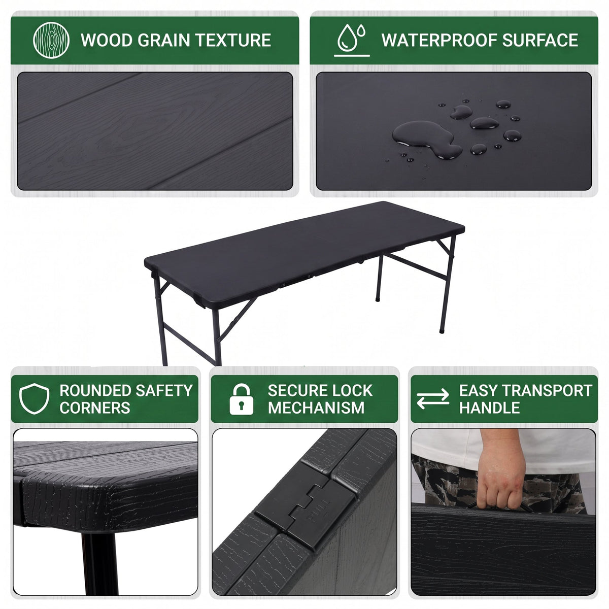 70Inch Portable Folding Picnic Table Set with 2 Benches,3‑Piece Indoor Outdoor Folding Furniture Set,Wood Grain Tabletop for Camping,Backyard Party,Picnic,Wedding Gatherings,Black