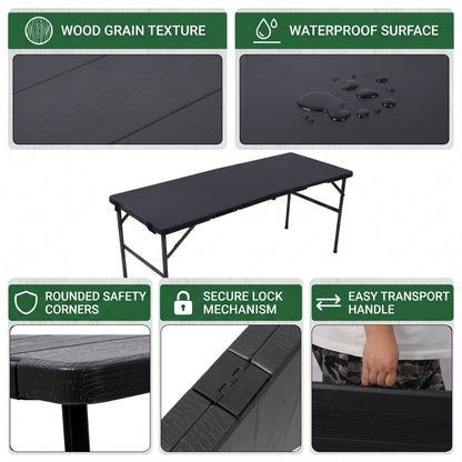 70Inch Portable Folding Picnic Table Set with 2 Benches,3‑Piece Indoor Outdoor Folding Furniture Set,Wood Grain Tabletop for Camping,Backyard Party,Picnic,Wedding Gatherings,Black