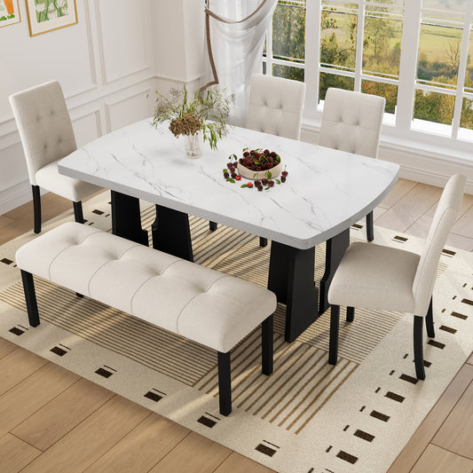 6 Piece Modern Dining Table Set, 63" Faux Marble Dining Table with Geometric Legs & 4 Upholstered Chairs & 1 Bench