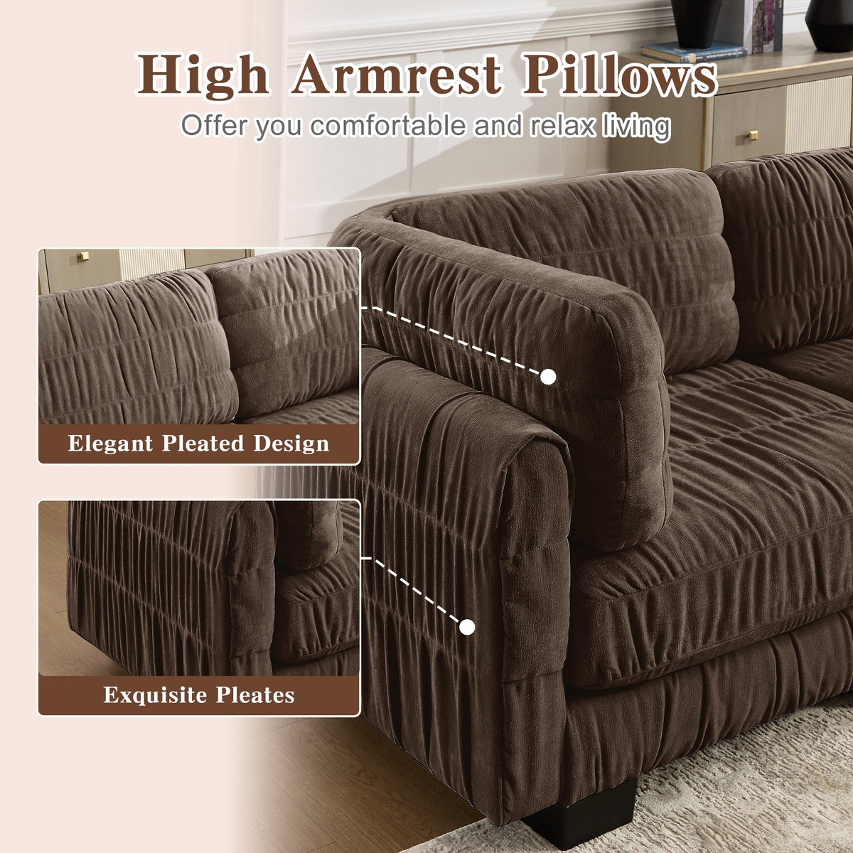 4 Seat Ruched Detailing Chenille Modular Sectional Sofa,Movable Ottoman,High-Density Foam,L Shape Thickened  Back Cushions,Easy Assembly,For Living Room,Bedroom,Brown