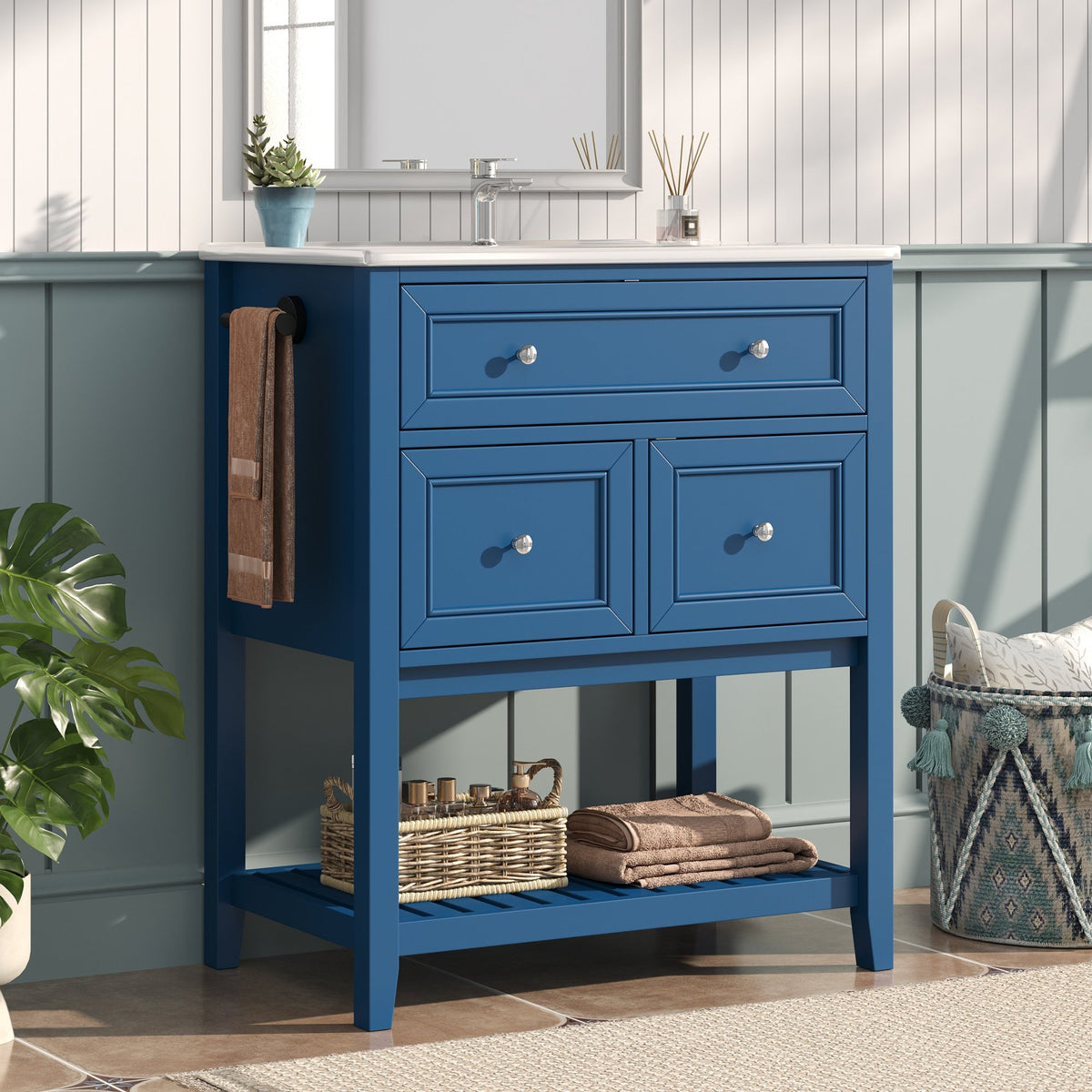 30" Navy Blue Bathroom Vanity with Ceramic Sink – Freestanding Storage Cabinet with Tip-Out Drawer, 2 Drawers & Open Slatted Shelf, Reversible Side Towel Rack, Silver Handles, MDF