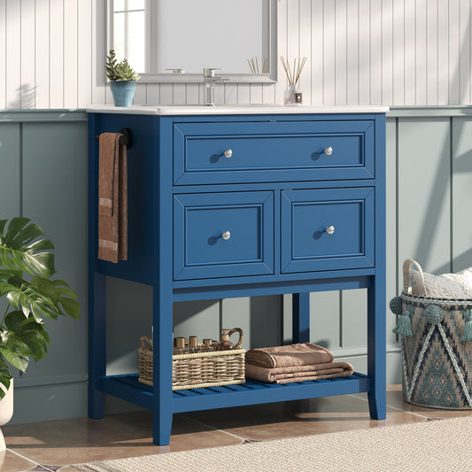 30" Navy Blue Bathroom Vanity with Ceramic Sink – Freestanding Storage Cabinet with Tip-Out Drawer, 2 Drawers & Open Slatted Shelf, Reversible Side Towel Rack, Silver Handles, MDF